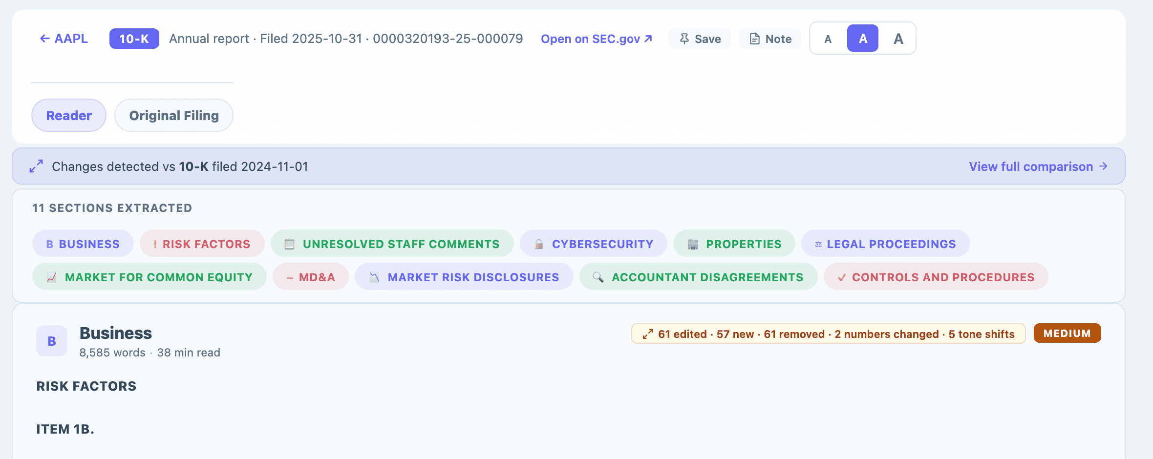 AnalystBook filing reader showing 11 extracted 10-K sections with Risk Factors flagged and change detection