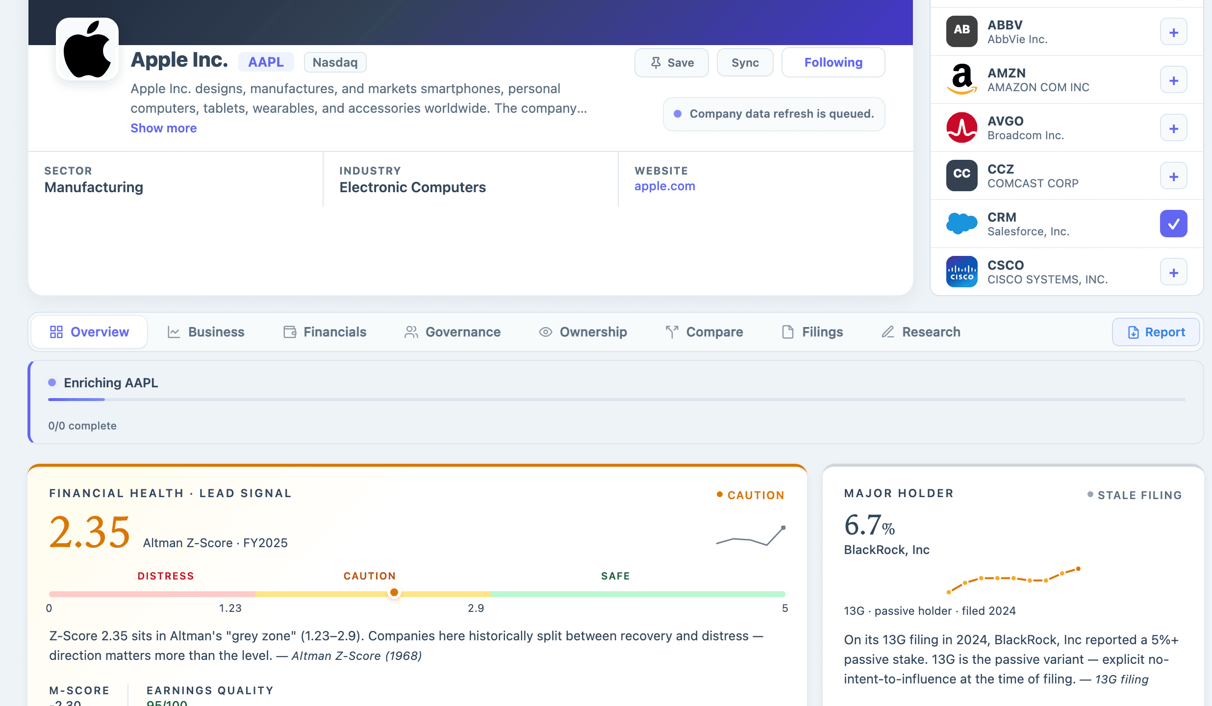 An AnalystBook company dossier, financials, forensic signals, and filings in one workspace